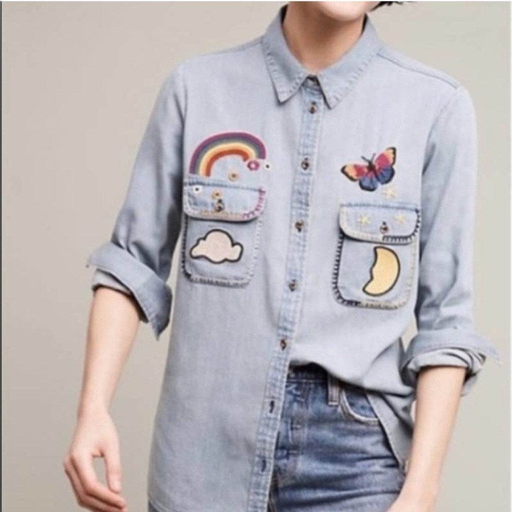 Preowned Anthropologie Holding Horses Patched-Up Denim Top Size L